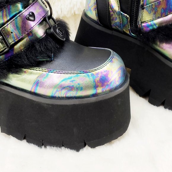 Ash Goth Punk Furry Mid Calf Platform Boots - Picture 12 of 15